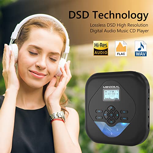 MONODEAL CD Player Portable,Bluetooth CD Player with Speakers,Rechargeable Player for Car and Home,Small Anti-Skip Player with Dual Headphone Jacks,WAV/FLAC/MP3/CD Compatible