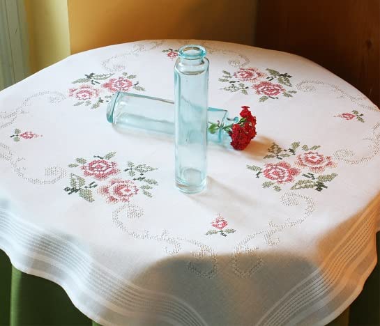 DECO-LINE Pink Rose Printed Tablecloth Embroidery KIT, White, 80 X 80 cm