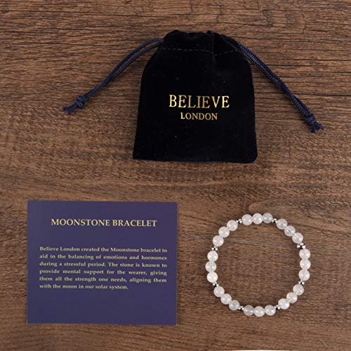 Believe London Moonstone Gemstone Bracelet Healing Bracelet Chakra Bracelet Anxiety Crystal Natural Stone Men Women Stress Relief Reiki Yoga Diffuser Semi Precious (Moonstone 6.5")