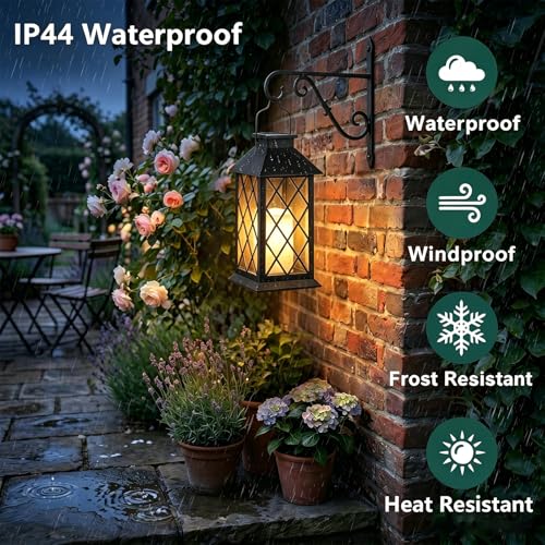Yowin Lanterne da Esterno 2 Pezzi Lanterna Solare da Giardino con Candele Tremolante, Lampada da Appendere Impermeabile Lampade da Tavolo per Arredo Giardino Terrazzo Balconi Decorazioni - Nero