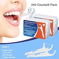 Hapree 240 Count Dental Floss Picks with Travel Handy Cases, Multifunction Include Toothpick Floss, Tooth Picker, Interdental Brush, Tongue Scraper, FDA Approved (6 boxes)