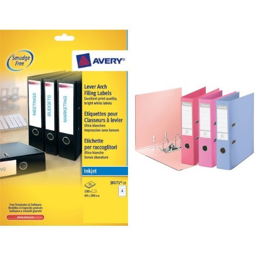 Avery J8171-25 White Lever Arch File Labels for Inkjet Printers and Esselte Solea 75 mm A4 Power Lever Arch File - Assorted, Pack of 10