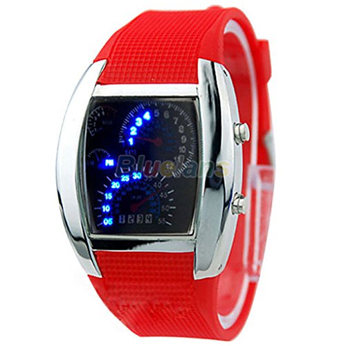 Acamifashion Fashion Men Women Sport LED Dashboard Pattern Dial Digital Wrist Watch - Silver Case+Red Band