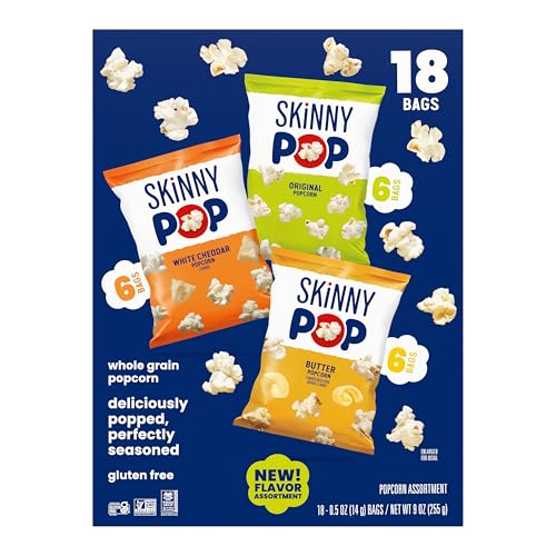 SKINNYPOP ORIGINAL,WHITE CHEDDAR AND BUTTER FLAVORED POPCORN, WHOLE GRAIN GLUTEN-FREE SNACKS, 0.65 OZ BAGS VARIETY BOX (18 COUNT)