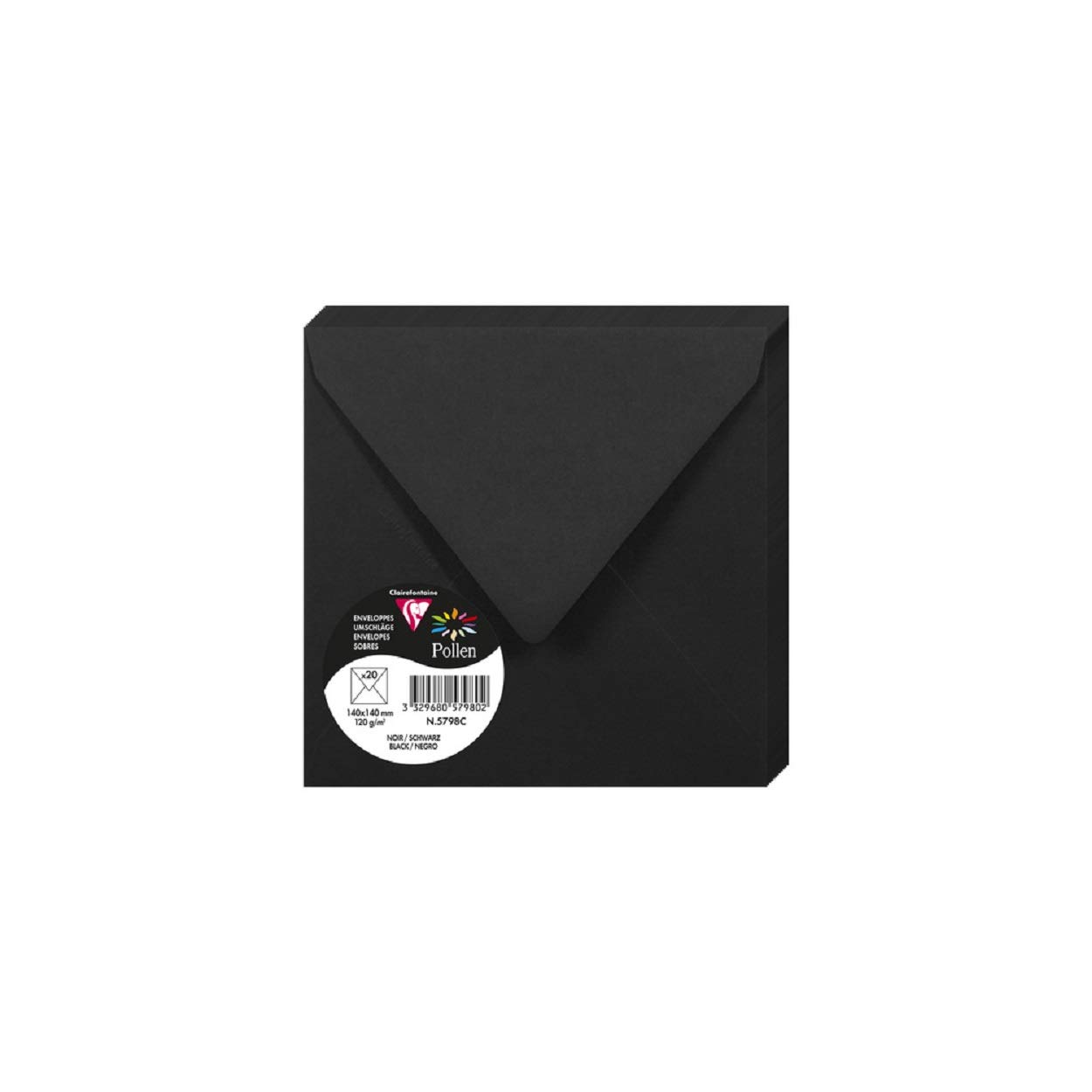 Clairefontaine 5798C Pack of 20 Gummed Envelopes Square Format 14x14cm 120g/m² Black Invitation Events & Correspondence Pollen Range Premium Smooth Paper