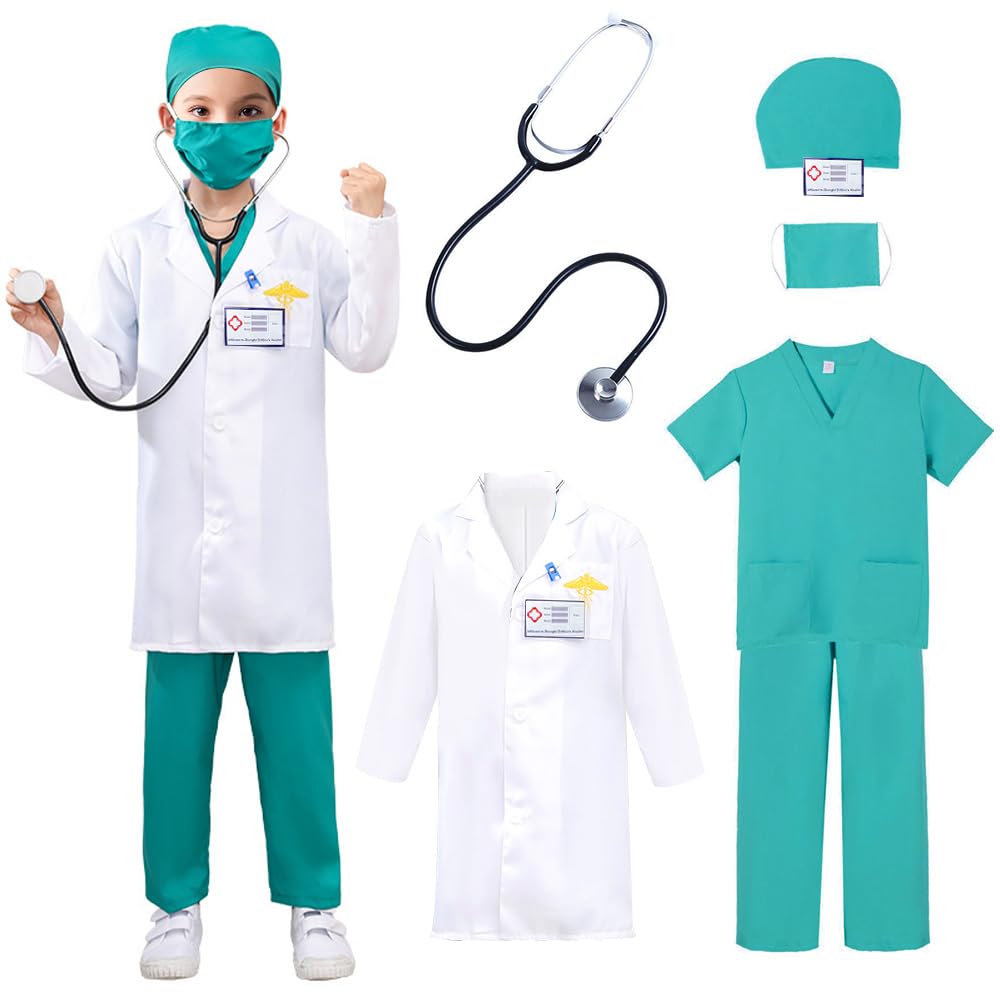Mineup 6PCS Children Doctor Costume Kids, 140CMKids Unisex Hospital Doctor Fancy Dress Costume, Doctor Dress Up Role Play for Kids 8-10, Kids Medical Set with Coat, Stethoscope, Scrubs Costume, Green