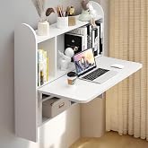 TuckTect Wall Mounted Drop-Leaf Table, Floating Laptop Desk, Folding Table with Shelves, Multifunctional Computer Workstation with Storage Compartments in Home Office for Space Saving (White)
