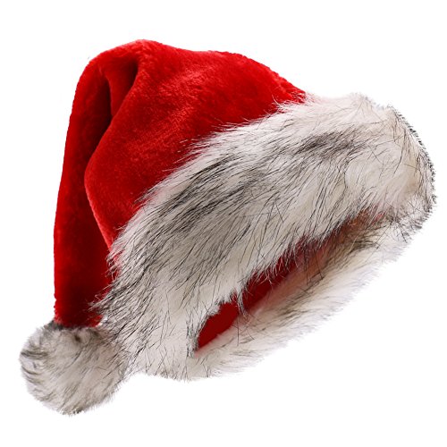Beurio Deluxe Santa Hat Plush Pom Pom Christmas Hats for Adults Kids Santa Claus Party Hat Red White Christmas Party Hats with Grey Tips