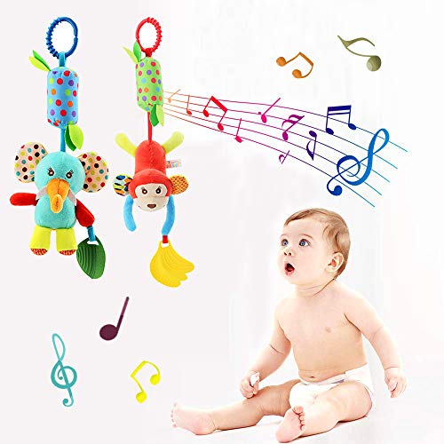 Baby Hanging Rattles Toys, Newborn Crib Toys Car Seat Stroller Toys for Infant, Colorful Animal Bell Soft Baby Sensory Rattles Toys with Teether for Babies Boys and Girls 3 6 9 to 12 Months(4 Pack)