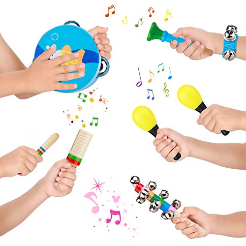 Firlar Baby Musical Instruments Toy Sets, 14 Pieces Music Wooden Education Toys with Tambourine Xylophone Percussion Instruments for Early Learning Toys for Toddler Boys Girl Gifts