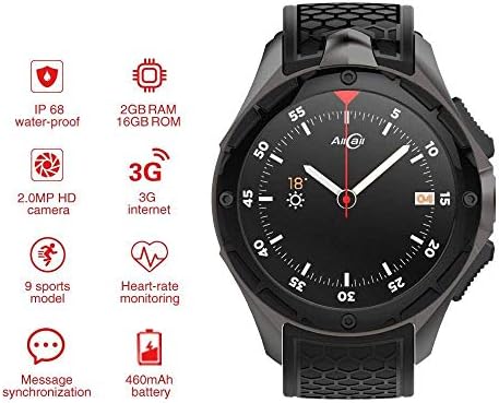 BUYYO AllCall W2 Smartwatch, 3G Smartwatch Phone 2GB RAM 16GB ROM 2.0MP Camera GPS Sports Fitness Tracker 460mAh Battery WiFi Support IP68 Waterproof
