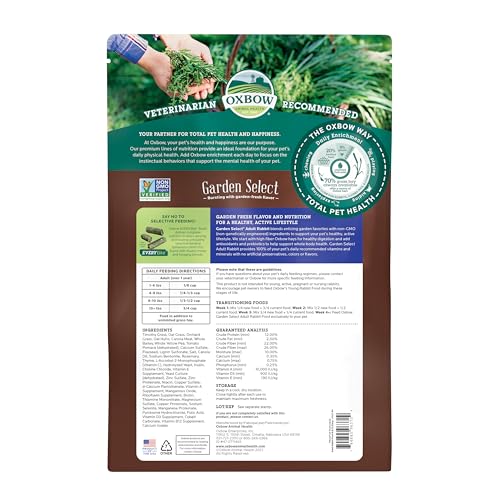 OXBOW GARDEN SELECT RABBIT FOOD, ADULT, MADE TIMOTHY HAY FOR RABBIT, BUNNY FOOD PELLETS, NON-GMO, NO SOY OR WHEAT, SMALL ANIMAL PET PRODUCTS, MADE IN USA, HIGH FIBER, 8 LB. BAG