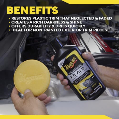 Meguiar's G15812EU Ultimate Black Restorer – Renovates Exterior Plastics, Vinyl, Rubber – UV Protection, Quick Drying – Shiny Black – 355 ml – Car Cleaning