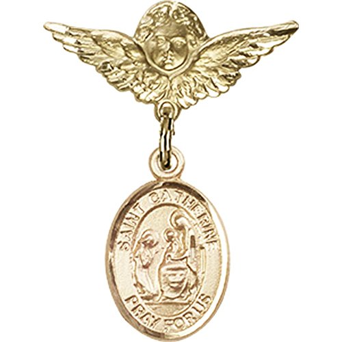 Gold Filled Baby Badge with St. Catherine of Siena Charm and Angel w/Wings Badge Pin 1 X 3/4 inches