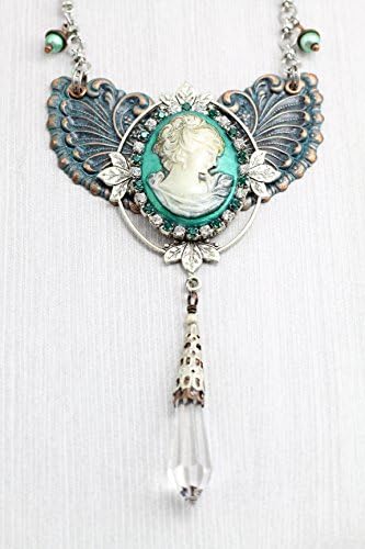 Green Painted Women Cameo Statement Necklace with Transparent Crystal Drop