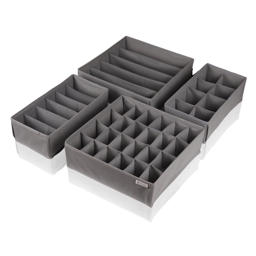 Qoolish Underwear Drawer Organiser Grey - Pack of 4 - Perfect Clothes storage organiser for Ties, Socks, Bras, Cosmetics, and underwear storage - Sturdy Drawer organiser to sort your bedroom