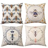 MeritChoice Bee Pillow Cover Bee Throw Pillow Case Home Decorative Double Print Square Cushion Cover Set of 4 Cotton Linen 18x18 Inch