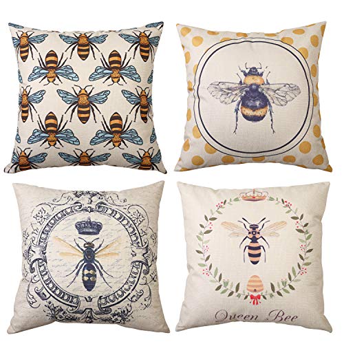 MeritChoice Bee Pillow Cover Bee Throw Pillow Case Home Decorative Double Print Square Cushion Cover Set of 4 Cotton Linen 18x18 Inch