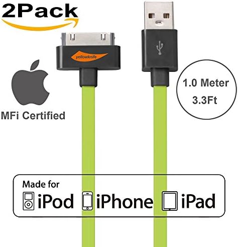 [Apple MFI Certified] 2Pack Yellowknife® 3.3ft/1m Noodle Flat 30Pin to USB Data Sync Charger Cable Charging Cord for Apple for iPhone 4s 4 3GS iPad 1 2 3 iPod Touch 4th iPod Nano 6th Gen - Green