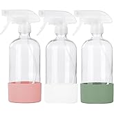 HOMBYS Empty Clear Glass Spray Bottles with Silicone Sleeve Protection - Refillable 16 oz Containers for Cleaning Solutions, 
