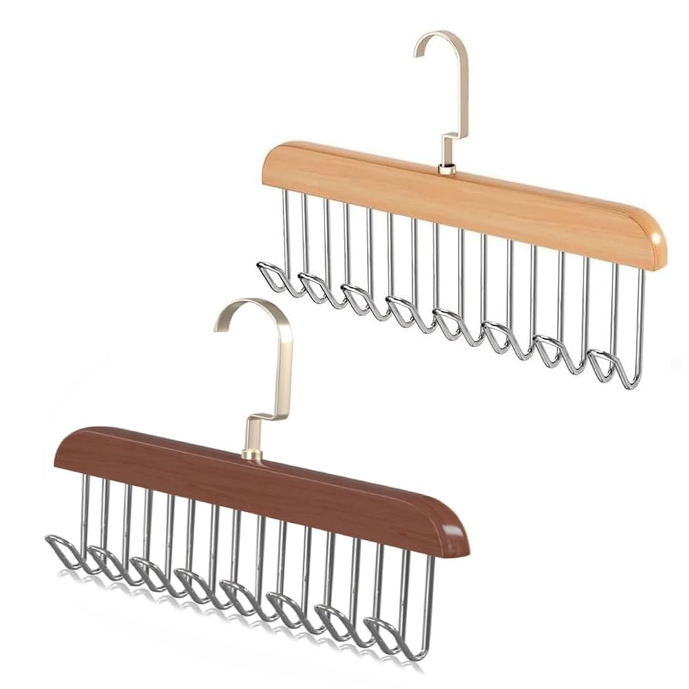 Belt Hanger for Closet,2 Pcs Anti Slip Tie Hanger Multifunctional Coat Hanger Hooks Closet Organizers Hook Tie Hanger Multi Hook Hanger for Closet with 8 Hooks(Wood,Brown)