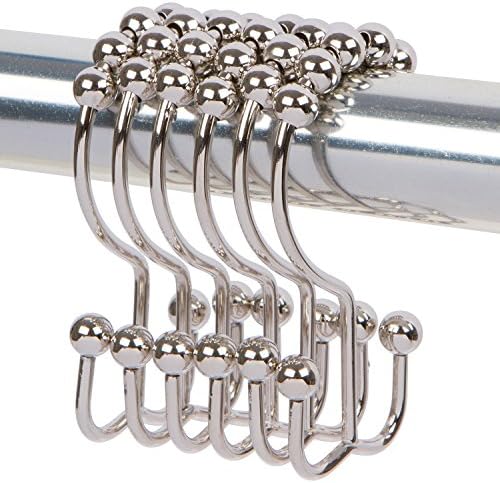 DOTZ Nickel Roller Shower Curtain Rings with Double Hooks - 100% Stainless Steel Rust Proof Polished Nickel - Set of 12