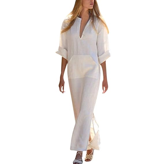 MCYs Sommer Frauen Leinen Boho Retro Langarm Casual V-Ausschnitt Lose Tasche Kleid Größe Größe A Linien Strandkleid Maxikleid