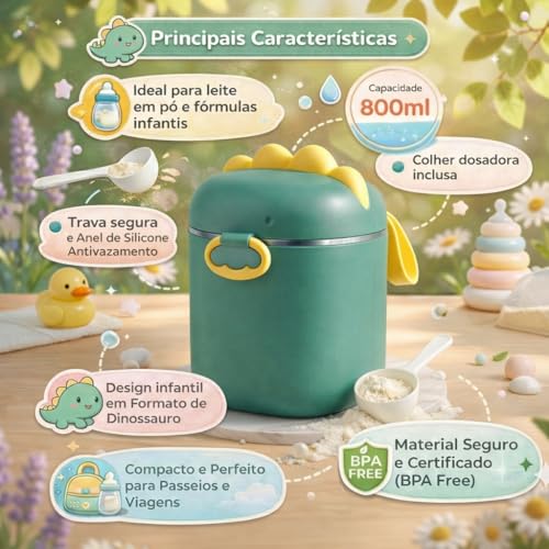 Porta Leite em Pó com Dosador e Nivelador 800ml – Pote Infantil Multifuncional para Papinha, Snacks e Cereais Ideal para Passeio e Viagem (Verde, Grande)