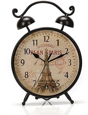 Chaomian Home Ornaments 9.6"x6.6" Handcrafted Metal Round Analog Silent Covered Quartz Desktop Clock with Handle,Glass on Front (Black)