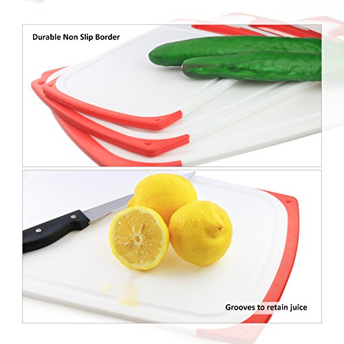 Plastic Cutting Boards Set of 3, Dishwasher Safe Reversible Cutting Boards with Non-Slip Feet & Deep Drip Juice Groove for Chopping Foods, BPA Free, FDA Approved Materials & Eco Friendly (Red) - Thumbnail 4