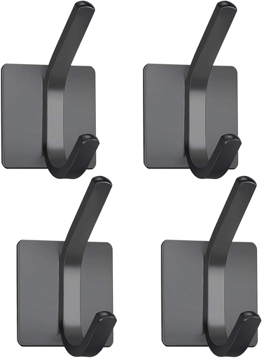 XIGOO Black Adhesive Key Hooks, Office Hanger Hanging Key Towel Coat Hooks Stick on Wall Perfect for Bathroom Kitchen,Stainless Steel 4 Packs