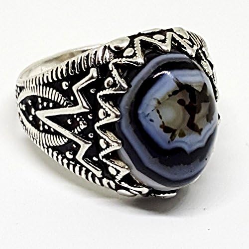 handmade 925 sterling silver men ring natural black agate aqeeq عقيق مصور