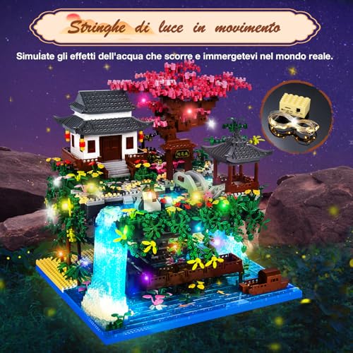 Charmofun 3320pcs Mini Building Bricks, Classic Chinese Garden Building Bricks Set with LED, Peach Blossom Pool Chinese Architecture, Creative STEM Gift for Kids and Adults