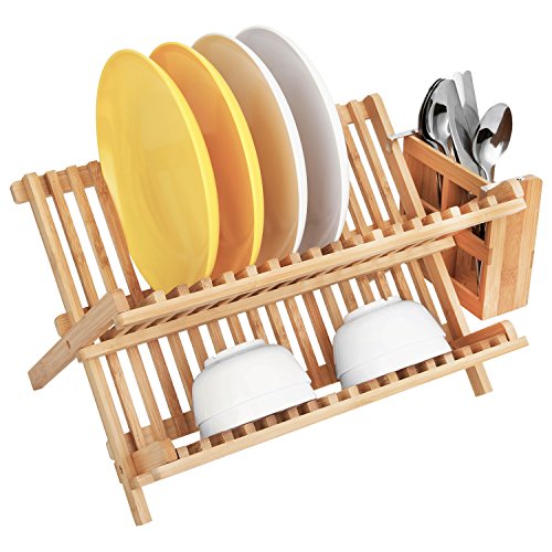 HBlife Dish Rack,Bamboo Folding 2Tier Collapsible Drainer Dish Drying Rack with Utensils