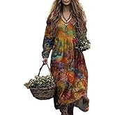 Women's Boho Long Sleeve V-Neck Maxi Dress, Floral Vintage Printed Loose Flowy Long Dress for Daily/Festival Wear