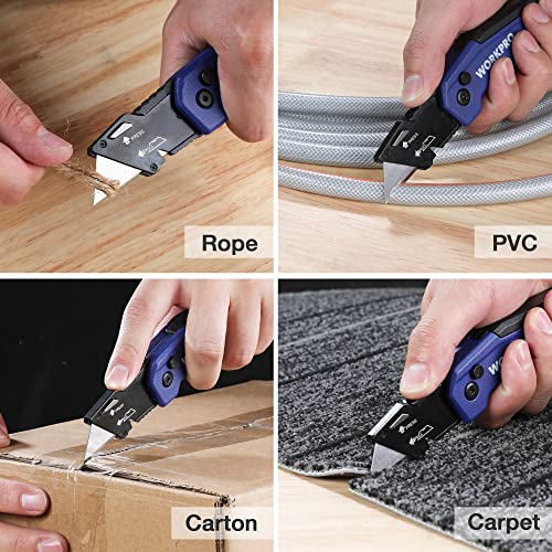 WORKPRO Folding Utility Knife, Quick Change Box Cutter, Razor Knife for Cartons, Cardboard, Boxes, Blade Storage in Handle, 13 Extra Blades Included (Blue)