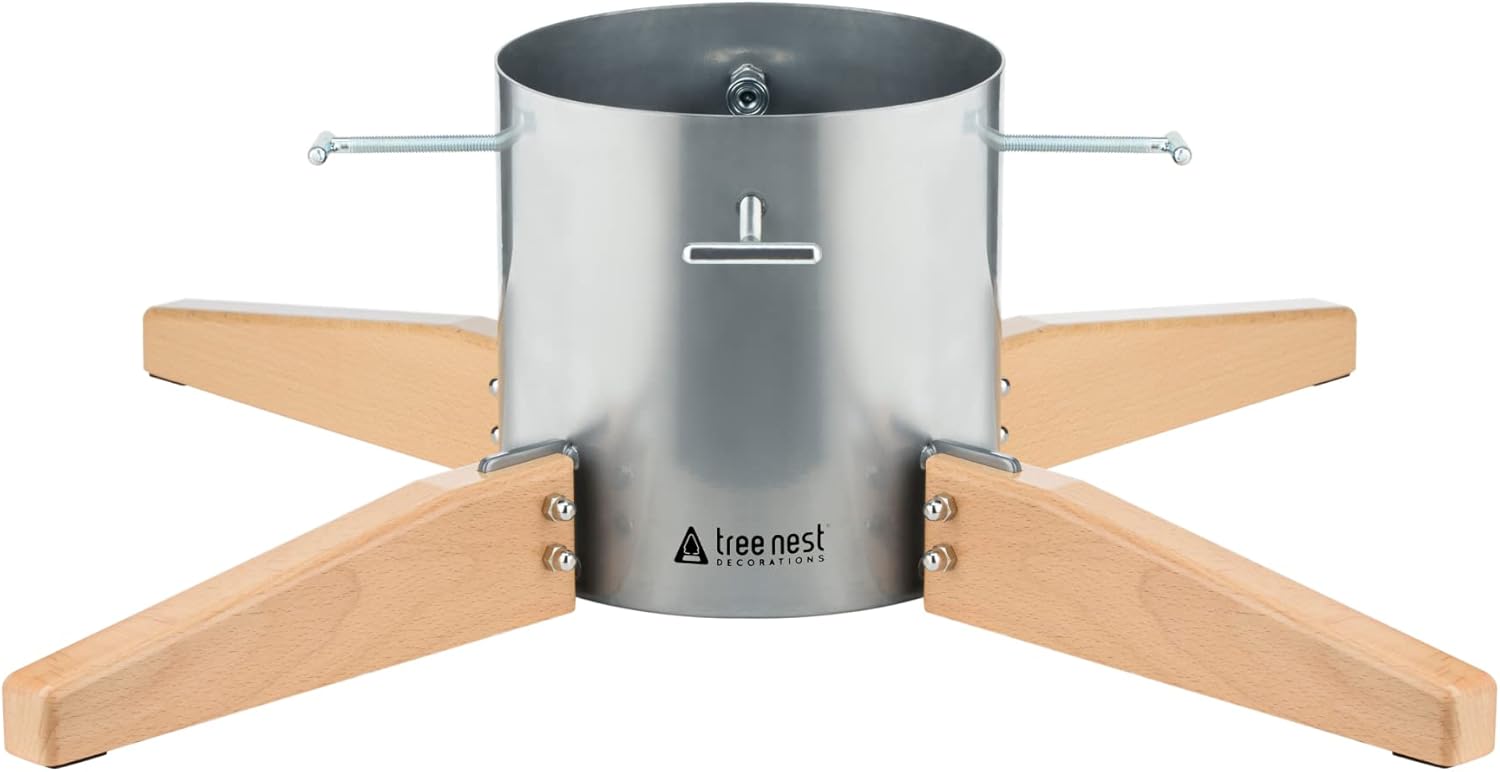 Tree Stands - Tree Nest Large Christmas Tree Stand Base for Real Trees Nordic Style Christmas Tree Holder up to 10ft Trees Stable for Xmas Decoration Timber (Silver)