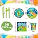 Germplasm AwesomeAll 177 Dinosaur Party Supplies-Plates, Cups, Napkins, Cupcake Wrappers, Pin The Tail on The Dinosaur Game, Birthday Banner, Table Cover, Spoons, Forks, Knives - Serve 16