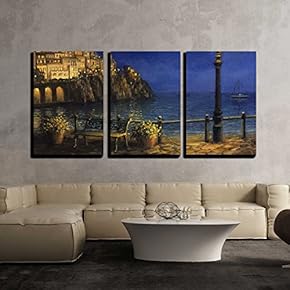 3 Piece Canvas Wall Art - Tranquil Scene with Calm Waters, City Lights and a Lamp Post at The Front. - Modern Home Art Stretched and Framed Ready to Hang - 16"x24"x3 Panels