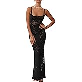 Women’s Cocktail Dress Sexy Lace Hollow Out Transparent Sleeveless Spaghetti Straps Slim Fit Maxi Party Club Evening Dress