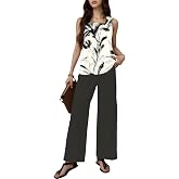 AKQBPN Women Sleeveless Vest Top Outfits Wide Leg Pants Set for Sumemr | Women Casual Summer Outfits, Floral Printed Wide Leg 2 Piece Outfits, Green Color, Elastic Waist Pants Set for Women Vacation