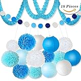 XFunino 18 Pcs Tissue Paper Flowers Pom Poms Decorations Theme Paper Lanterns Polka Dot Four Leaf Hanging Paper Garland 11.8ft for Baby Shower Wedding Birthday Party Supply, Blue