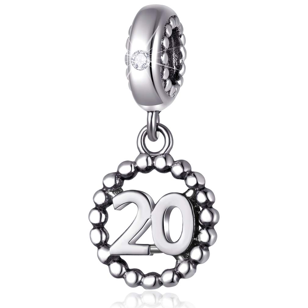 20 Number Bracelet Charms,925 Sterling Silver Pendants Beads Fit Pandora Charm Bracelets, Necklace, and European Snake Chain, Dangle for Happy Birthday Anniversary 20th/ 20 Years/Twenty