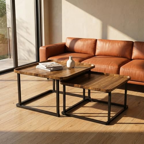 SIMPLE HOGAR Mesa de Centro para Sala, Mesa Auxiliar Cuadrada de 2 Piezas - Mesa Auxiliar pequeña para Sala de Estar Mesa de Centro Moderna Adecuada para Salas de Estar, Oficina(Color Vintage)