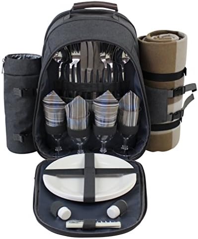 4 Person Picnic Backpack With SOLID Stainless Steel Utensils, Cooler Compartment, Detachable Bottle/Wine Holder, Oversized Fleece Blanket (Grey)