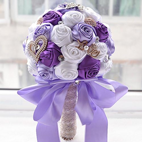 Lavendel Shining Wedding Bouquet Pearls Crystal Brooch Artificial Bridal Bouquet (White+Purple)