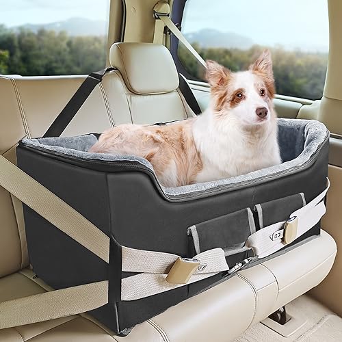 INFANZIA Dog Car Booster Seat, Elevated Pet Car Seats for Large Medium Dogs with Safety Leash, Washable Lookout Puppy Travel Seat with Storage Pockets for Pets Under 55 lbs (Large, Black)
