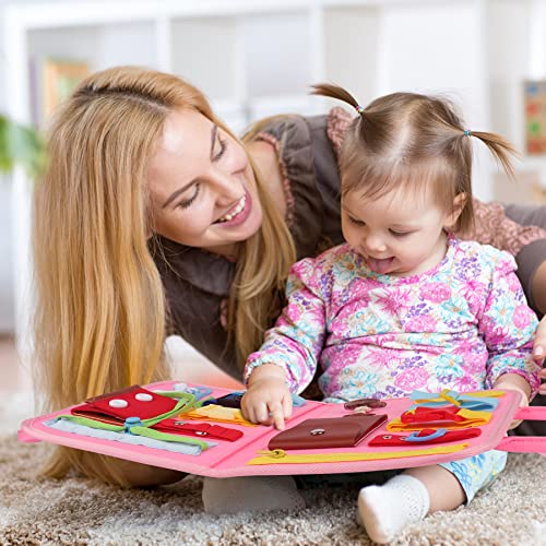 Zalmoxe Busy Board for Toddlers 1-4 Year Old - Sensory Toys with Buckles, Learning Dress Skills, Toddler Activities Travel Toys for Boys Girls (Pink)