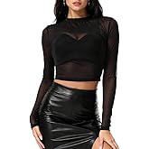 Mesh Crop Tops for Women Long Sleeve Mock Neck Sexy Cropped T Shirts for Punk Rock Outfits Sheer Black Top Womens Y2K Goth