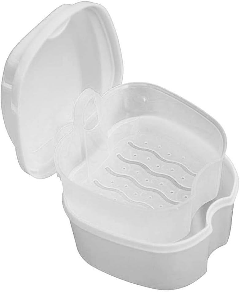 Ecurson Denture Case, Denture Cup with Strainer, Denture Bath Box Case Dental False Teeth Storage Box with Hanging Net Container for Travel, Retainer Cleaning
